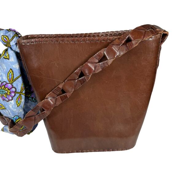 Vintage Brown Leather Shoulder Bag Woven Strap Floral Scarf Boho Classic Casual - Picture 7 of 10